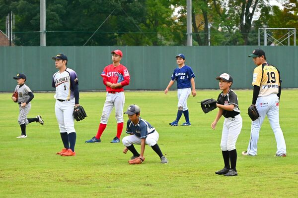 野球教室で子どもたちを指導する栃木ＧＢと社会人チームの選手ら＝５日午後４時、足利市田所町