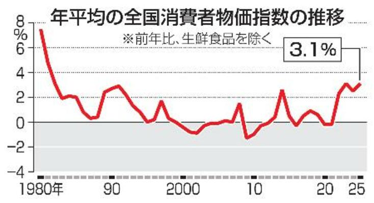 　年平均の全国消費者物価指数の推移