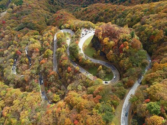 赤や黄色に染まった山あいを縫うように走る第二いろは坂＝30日午前10時５分、日光市細尾町、ドローンから