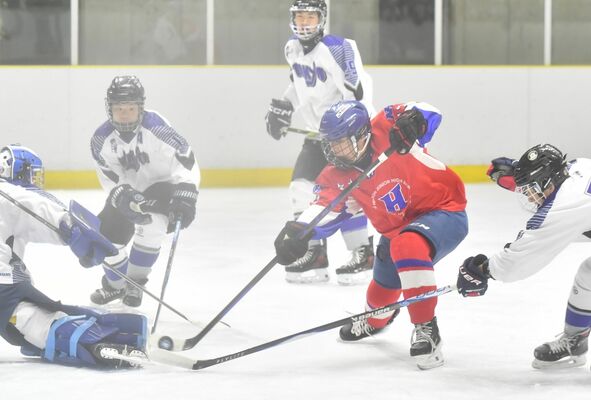 第１ピリオド２分56秒、日光東中クラブのＦＷ深谷がシュートを決める＝日光霧降アイスアリーナ、鈴木久崇撮影