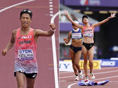 競歩男子35キロ3位の勝木隼人(左)と女子20キロ3位の藤井菜々子。日本が獲得したメダル2枚は2人の銅だった=9月13日と20日、いずれも国立競技場