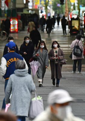日中も冷え込んだ中、厚手の上着で街中を行き交う人たち＝６日午前11時15分、宇都宮市江野町