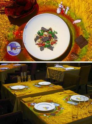 トリュフとラビオリを使った人気のイタリア料理を眺める小さなシェフたち(上)、テーブル全体にイタリアの麦畑の風景が投影された(下)(提供写真)