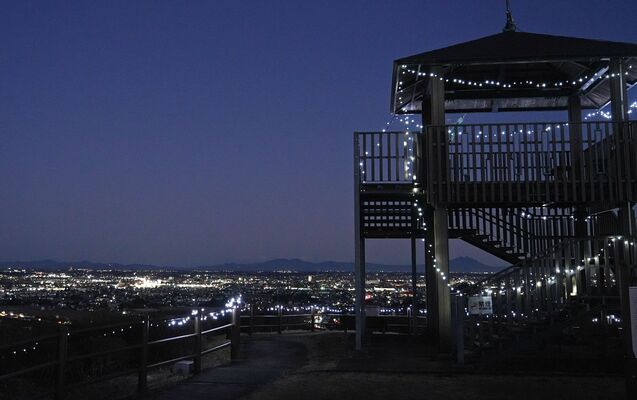 ライトアップされた皆川城址の展望台と市街地の夜景