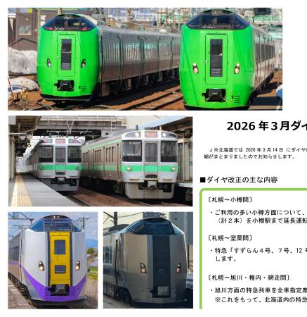 　ＪＲ北海道の車両と、２０２６年春のダイヤ改正発表資料。写真は７８９系（上）などで、いずれもｐｈｏｔｏＡＣ提供