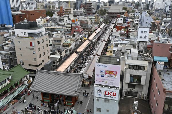カナメが銅板屋根を全面ふき替えした浅草寺の仲見世＝６日午後、東京都台東区