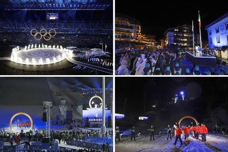 　２月６日、広域開催となるミラノ・コルティナ冬季五輪の開会式が行われた各地。左上から時計回りにミラノ、コルティナダンペッツォ、プレダッツォ、リビーニョ（共同）