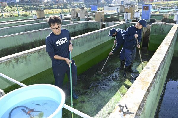 12月上旬、生徒と水槽を掃除する佐々木さん（左）