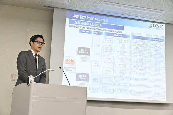 海外事業の展望などを説明する山口社長=25日午後、東京都内