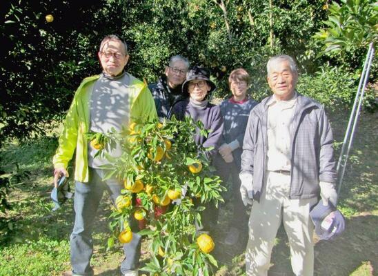 ユズ収穫をした斉藤夫妻（前列左と中央）ら関係者