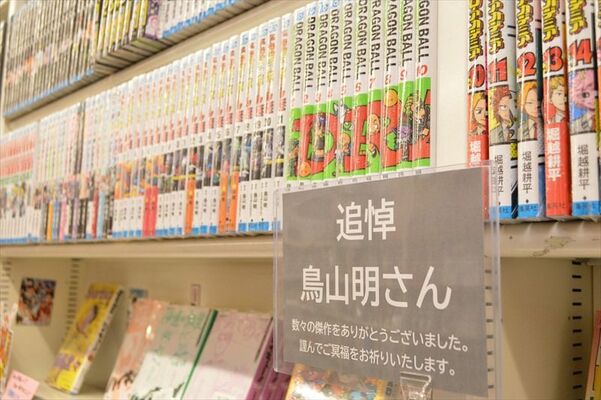 鳥山さんを追悼するポップを掲示した書店の書棚＝８日午後、宇都宮市川向町