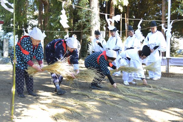 稲に見立てた「わら」で田植えを再現する早乙女たち