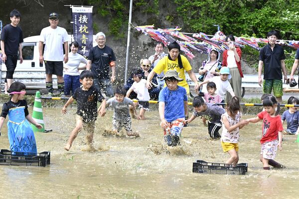 田んぼを駆け回り、水しぶきをあげる参加者ら