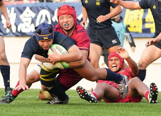 前半20分、国学栃木の佐藤(左)がトライを決める=花園ラグビー場