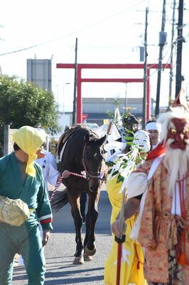 芳賀天満宮まで練り歩く神馬と一行