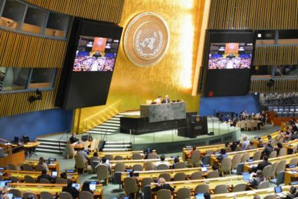 気候変動対策に関する決議案の採決が行われた国連総会=20日、ニューヨーク(共同)