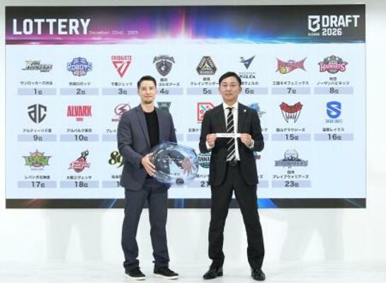 昨年12月に行われたバスケットボール「Bリーグ・プレミア」の第1回新人ドラフトの指名順抽選。右は島田慎二チェアマン=東京都内