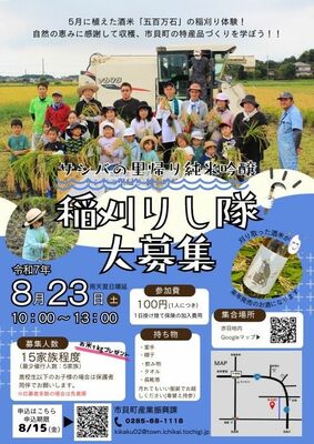 サシバの里帰り純米吟醸「稲刈りし隊」の参加者募集しているチラシ