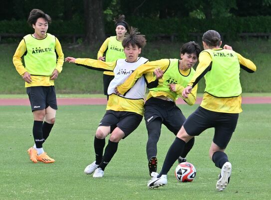 実戦形式の練習に汗を流す栃木ＳＣの選手＝河内総合運動公園陸上競技場
