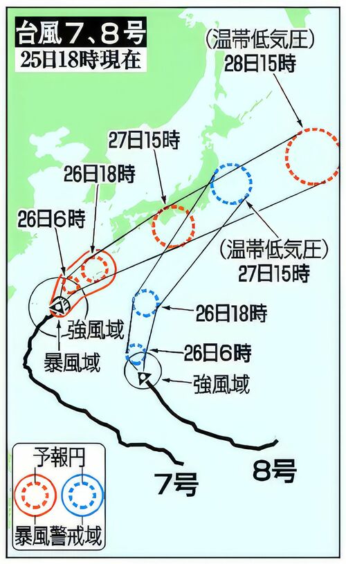 台風７、８号の予想進路（25日18時現在）