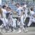 佐野日大に逆転勝利し、歓喜する栃工ナイン＝エイジェックスタジアム、森田大地撮影