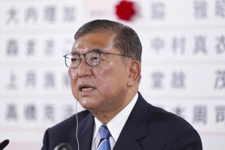 　参院選で自民党総裁としてインタビューに答える石破茂首相＝７月20日夜、東京・永田町の党本部