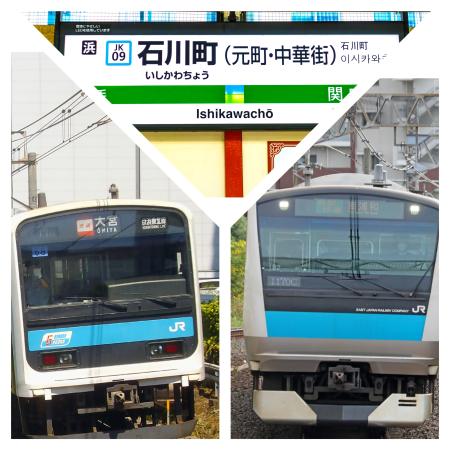 京浜東北・根岸線の車両と石川町の駅名標を組み合わせたコラージュ(写真:photoAC)