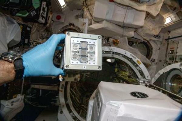 コケの胞子が納められた実験装置(中央)=国際宇宙ステーション(JAXA/NASA提供)