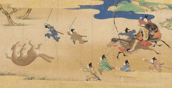 室町時代に作られた話を基にした「玉藻前草紙絵巻貼合屏風」（江戸時代前期、県立博物館蔵）の一場面。キツネは二尾になっている