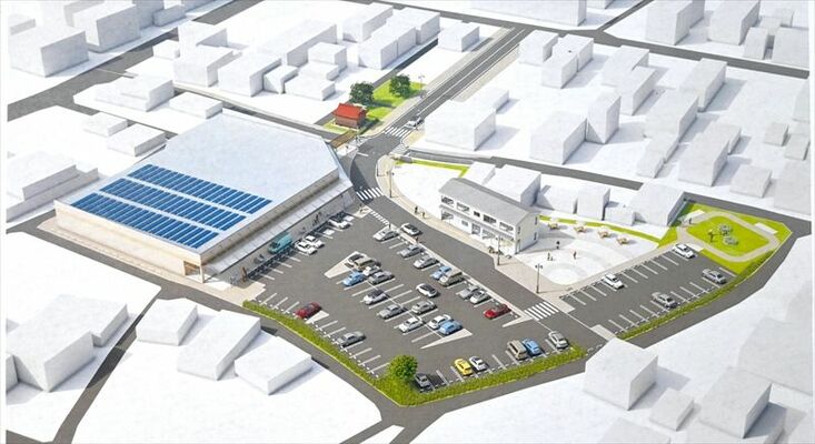 旧庁舎跡地に進出が決まった「たいらや」（手前）のパース図