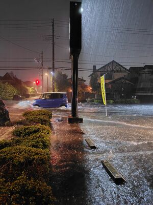 大雨で冠水した道路＝11日午後６時半、小山市東城南３丁目