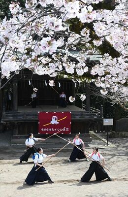 桜の下でなぎなたの形を披露する子どもたち