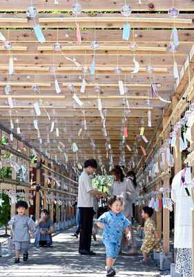 ずらりと並び涼やかな音色を響かせる風鈴＝２日午前11時20分、下野市下古山