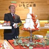 真岡・おふろcafe1周年、特製イチゴケーキでお祝い 中村市長が入刀 パティシエがケーキ30種類用意