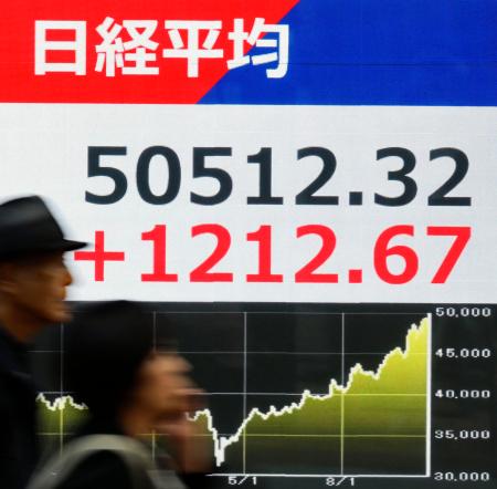 　５万円を初めて突破した日経平均株価の終値を示すボード＝２７日午後、東京都中央区