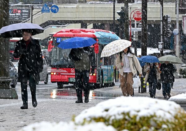 雪が降る中、傘を差して歩く人たち=19日午前7時35分、宇都宮市駅前通り2丁目