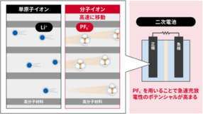 二次電池の電極内で分子イオンPF6-は単原子イオンLi+よりも高速に移動する
