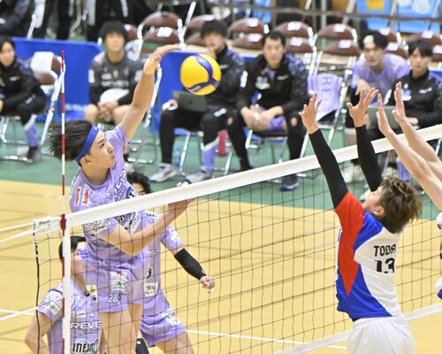 第２セット、レーヴィスの荒木田がスパイクを決める＝フカイスクエアガーデン足利、鈴木航撮影