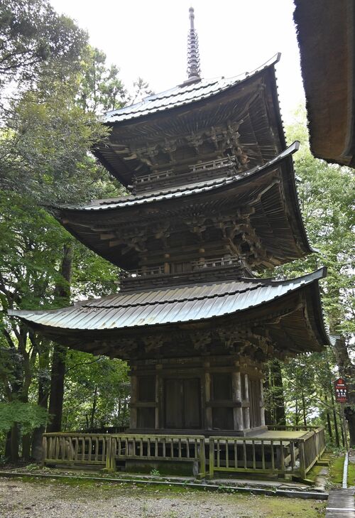 西明寺三重塔。屋根の青緑色はどこかモダンな印象も