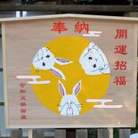 三匹のウサギ描いた大絵馬奉納　専門学校生デザイン　足利・伊勢神社